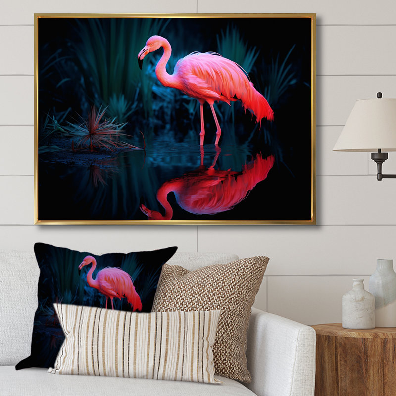 «Pink Flamingo Paradise II», reproduction sur toile, Cadre flottant doré, H 16 po x l 32 po