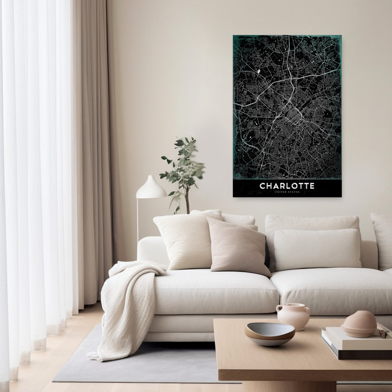 Charlotte, carte de la ville, impression d'art rétro rétro, H 60 po x l 40 po