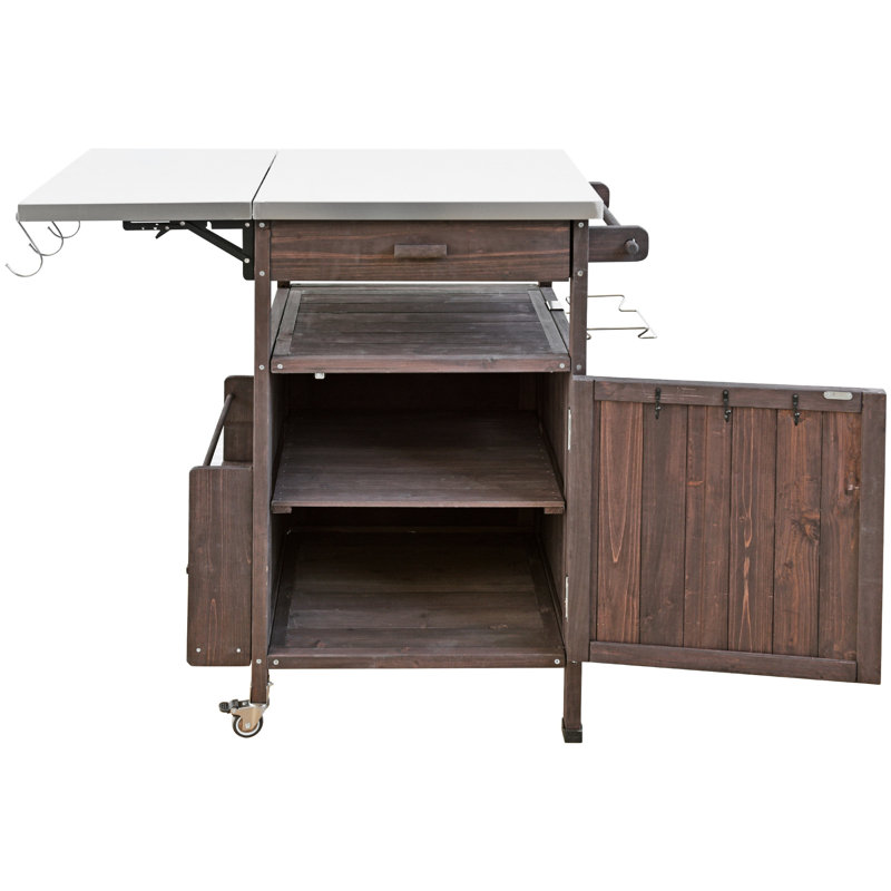 Chariot de barbecue extérieur de 40,5 po avec plateau en acier inoxydable, rangement en bois de sapin massif, abattant, tiroir, étagère à épices, crochets en S, ouvre-bouteille, roulettes verrouillables pour structure brune, rangement sur pelouse rotative à 360 °