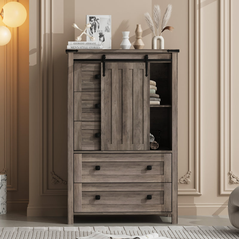 Commode à 5 tiroirs avec porte de grange coulissante Farmhouse, Gris