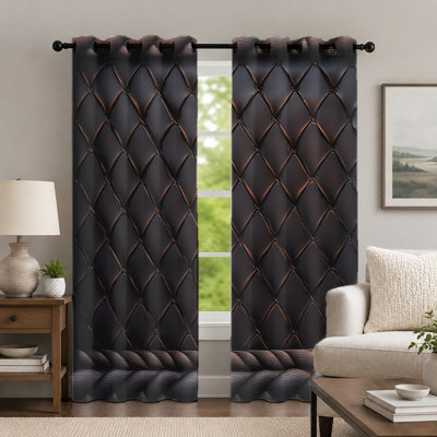 2Pcs Black and Bronze Diamond-Pattern Curtains, Geometric Style Curtain, Modern Chic Rope Texture Printed Art Grommet Drapes, Window Treatment for Bedroom Living Room Decor