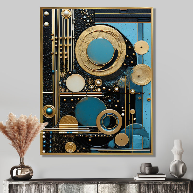 Collage Art nouveau bleu clair doré - décoration murale géométrique, Toile avec cadre flottant or