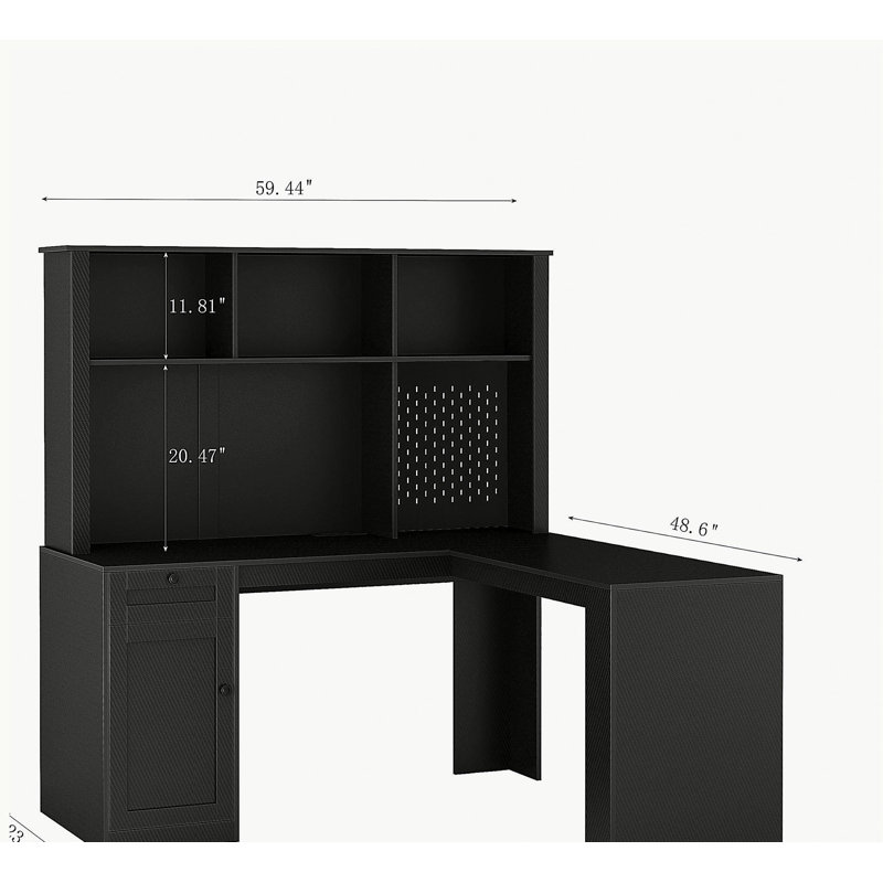 Bureau en L avec chargeur, bureau d'ordinateur avec tiroirs, bibliothèque, bureau d'angle moderne, bureau à domicile, bureau d'écriture en L, bureau d'ordinateur en fibre de carbone avec rangement, noir