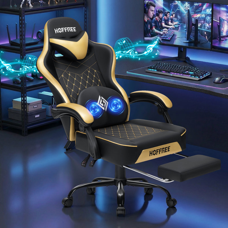 Inbox Zero Adjustable Reclining Ergonomic Faux Leather PC & Racing Game Chair with Bluetooth Speakers and Vibration Lumbar Pillow