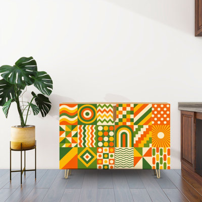 Sideboard Buffet Cabinet with Storage Retro Geometric Abstract Seamless Grid Mid Century Modern Shapes with 2 Doors for Living Room and Kitchen