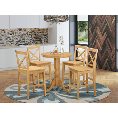 5 Piece Counter Height Pub Set Includes a Round Dining Table with Pedestal and 4 Kitchen Chairs, Oak