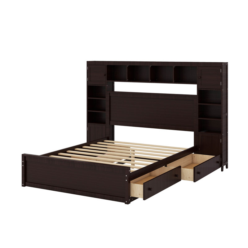 Grand lit en bois avec armoire tout-en-un, tablettes et prises