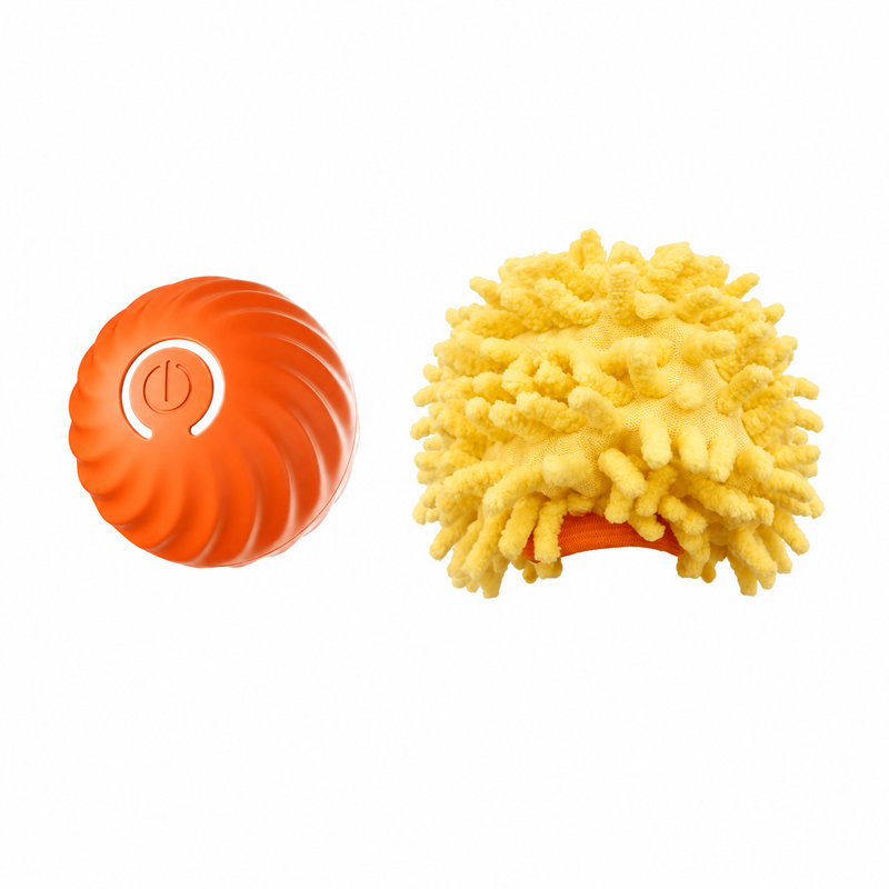 Jouet de balle intelligent pour animaux avec housse en peluche - 2,2 po / 2,64 po avec roulement interactif pour chats et petits / moyens chiens, 2 modes, rechargeable de type C, coque en TPU durable (bleu / orange)