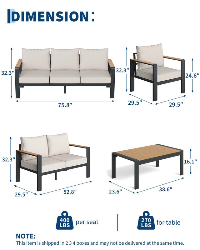 Ensemble modulaire de patio en aluminium 4 pièces avec coussins épais et table basse - Ensemble de conversation extérieur pour porche, balcon, terrasse ou cour
