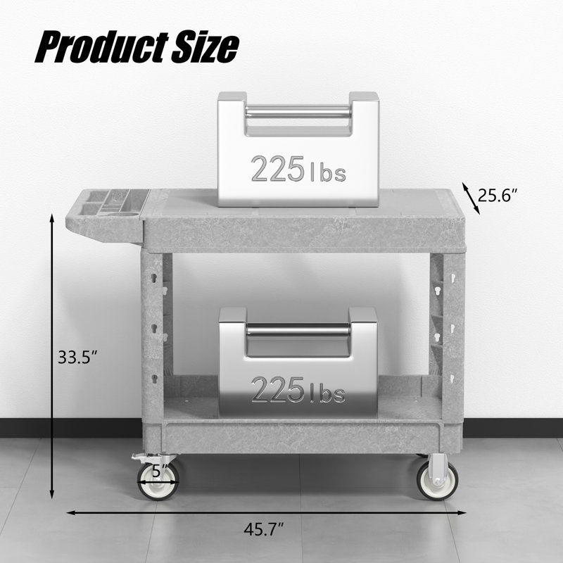 Chariot utilitaire en plastique à 2 tablettes, Gris