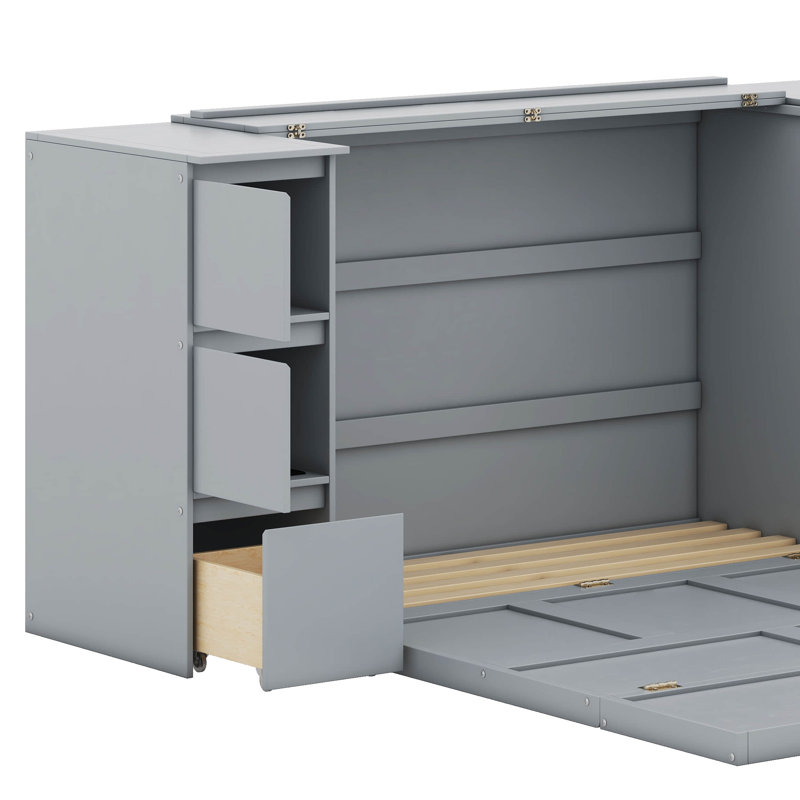 Gray Full Murphy Bed with Drawers, Cabinets, and USB Ports