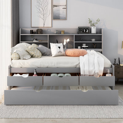 Hartland 78.7" Full Size Wooden Captain Bed with Built-in Bookshelves, 3 Storage Drawers & Pull-Out Trundle, Solid Pine & MDF Construction, No Box Spring Needed, Space-Saving Bed