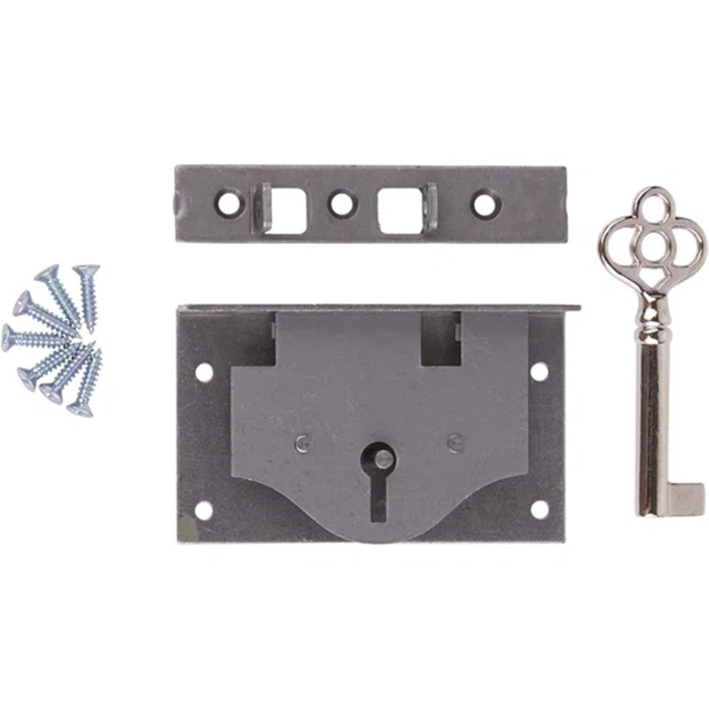 Small Half Mortise Steel Lock for Chest or Box Lid with Skeleton Key