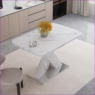 Table de salle à manger moderne carrée en marbre blanc, extensible, compacte, en bois aggloméré et en métal