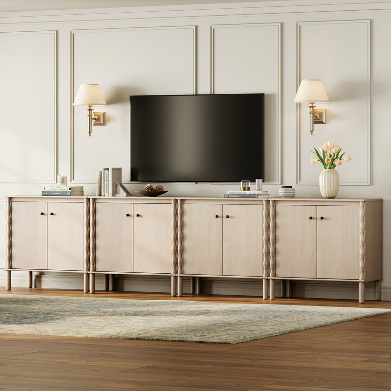 Meuble télé 8 portes avec pieds en bois pour le salon, naturel, 31.3"H x 126"L x 15.7"W, Natural