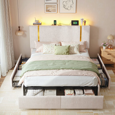 Upholstered Bed Frame With 6 Storage Drawers,Adjustable Tall Corduroy Headboard With Charging Station & Led Light