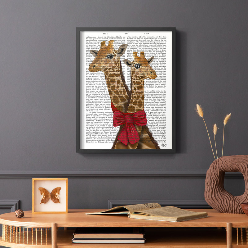 «Giraffes and Bow», reproduction encadrée, Cadre simple noir, H 14 po x l 11 po