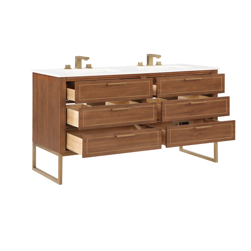 Markham 60 in. Double Vanity, White Quartz, Walnut, Satin Brass