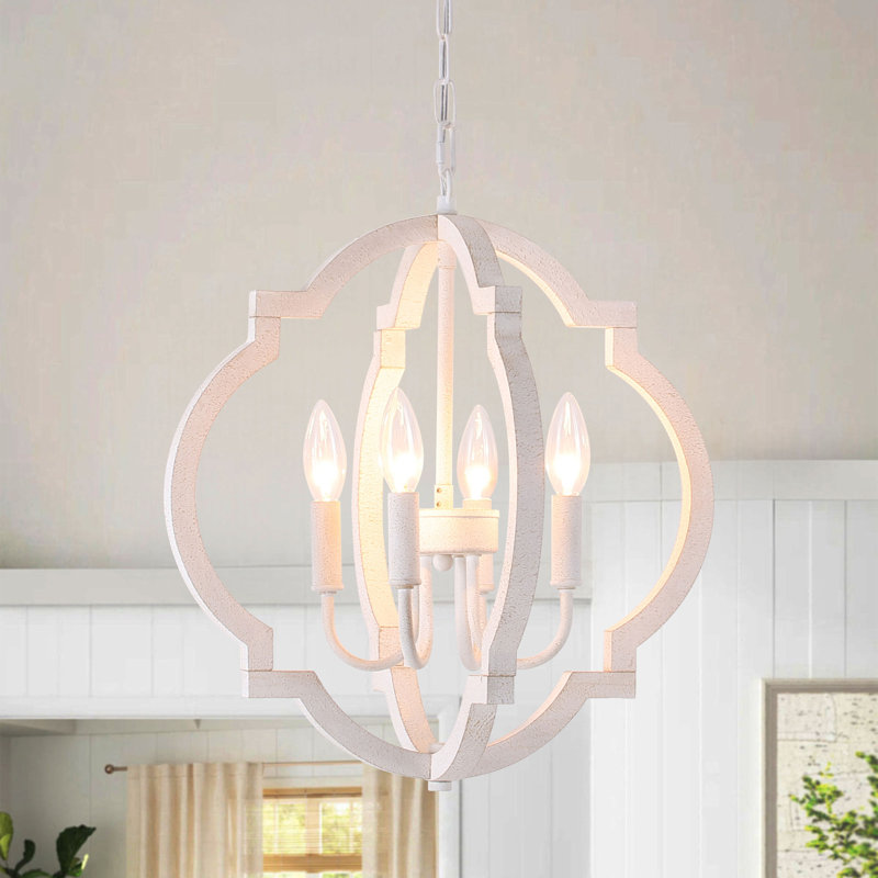 4-Light Distressed White Farmhouse Candelabra Chandelier with Plug-In Cord & Switch, Dimmable, Ideal for Dining, Living & Entryway