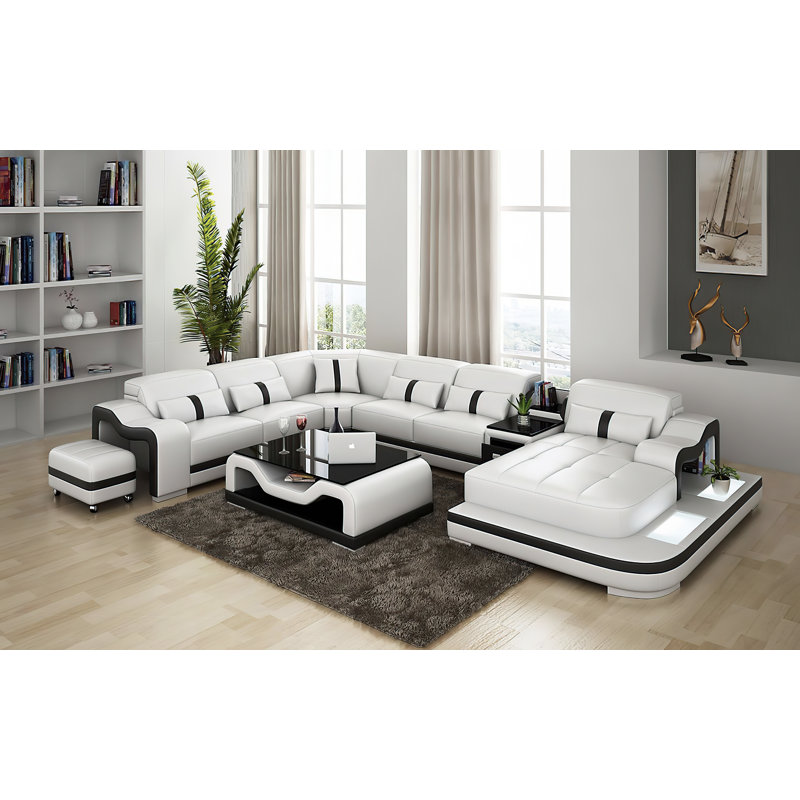 Lloydene Upholstered U-Shaped Sectional, Right, White Genuine Leather