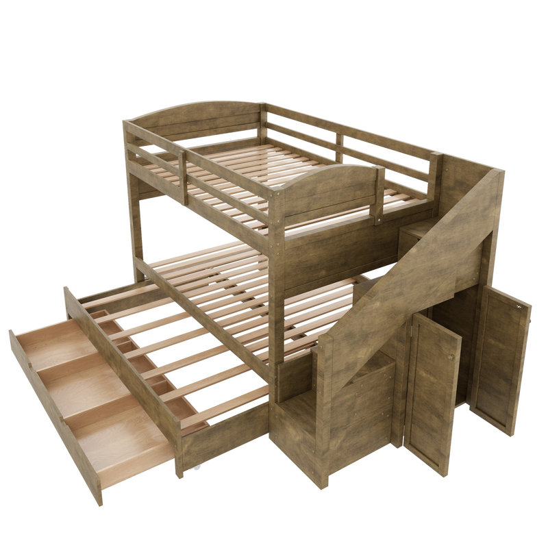 Lit superposé simple TG avec lit gigogne et trois tiroirs de rangement, escalier de rangement et garde-robe, noyer