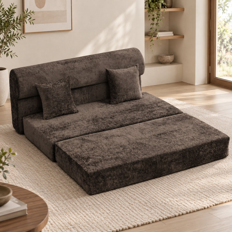Canapé-lit convertible en chenille marron avec 2 places et design pliable au sol