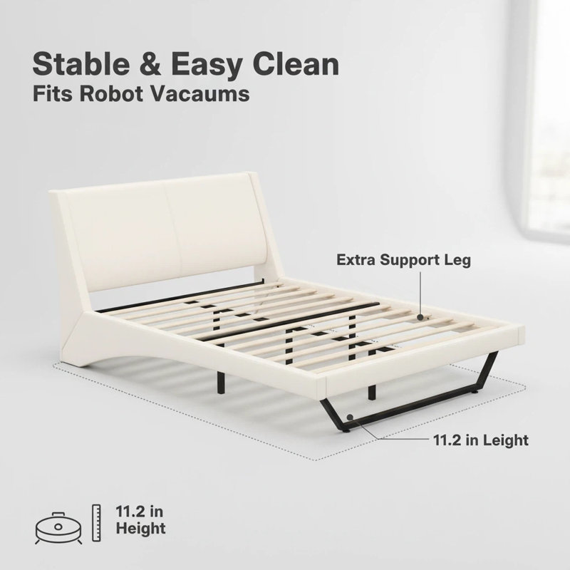 Lit plateforme tapissier avec courbe ondulée et pieds trapézoïdaux, aucun sommier nécessaire, Grand lit, Blanc