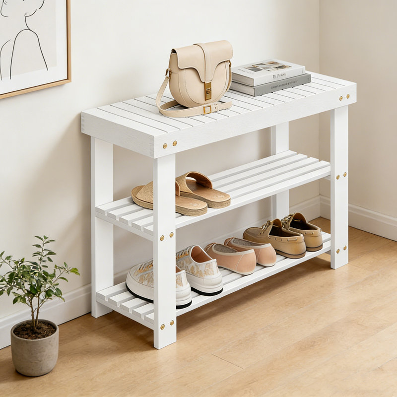 Banc à chaussures en bambou avec rangement à 3 niveaux, Blanc
