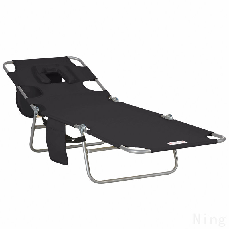Folding Beach Lounge Chair With Face Hole And Arm Slots, 5-Level Adjustable Sun Lounger Tanning Chair With Pillow For Patio, Garden, Beach, Pool, Black