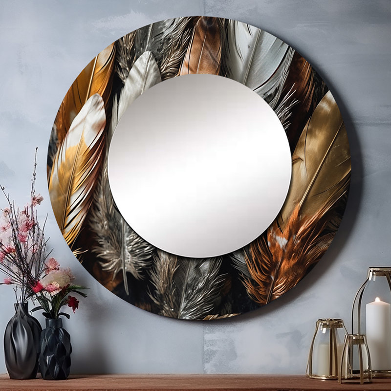 Gold Feather Extravaganza III - Glam Feather Round Mirror Wall Decor_MTMIR62340, 36" x 36"