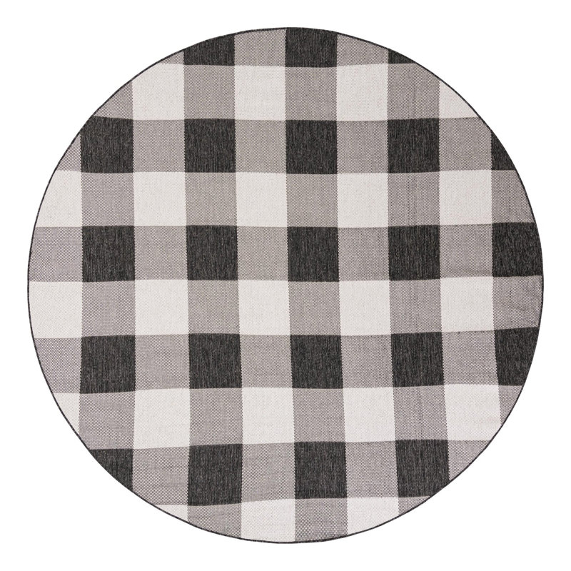 Tatasha Gingham Power Loom Polypropylene Plastic Indoor/Outdoor Area Rug in Black/White, Round 7'10"