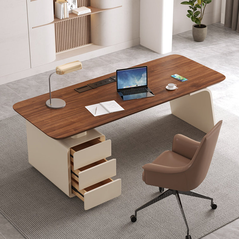 Bureau rectangulaire à 3 tiroirs en bois manufacturé brun noyer + cristal crème, H 29,53 po x l 78,74 po x P 27,56 po