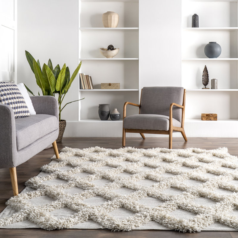 Kaliyanei Diamond Trellis Power Loom Performance Shag Cream Rug, Rectangle 10' x 13'