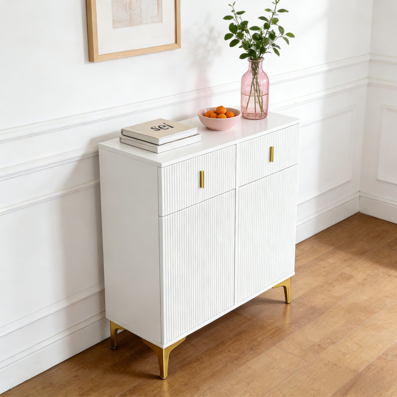 Buffet à 2 portes cannelé, buffet avec tablettes réglables, Blanc