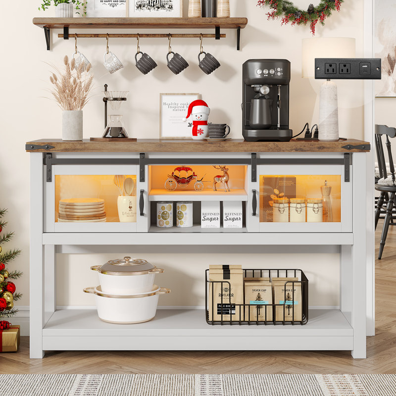 Farmhouse Coffee Bar With Storage,  Sofa Table With Sliding Barn Door White Coffee Buffet Cabinet With Charger Station, Console Table With Bottom Open Shelf, For Living Room