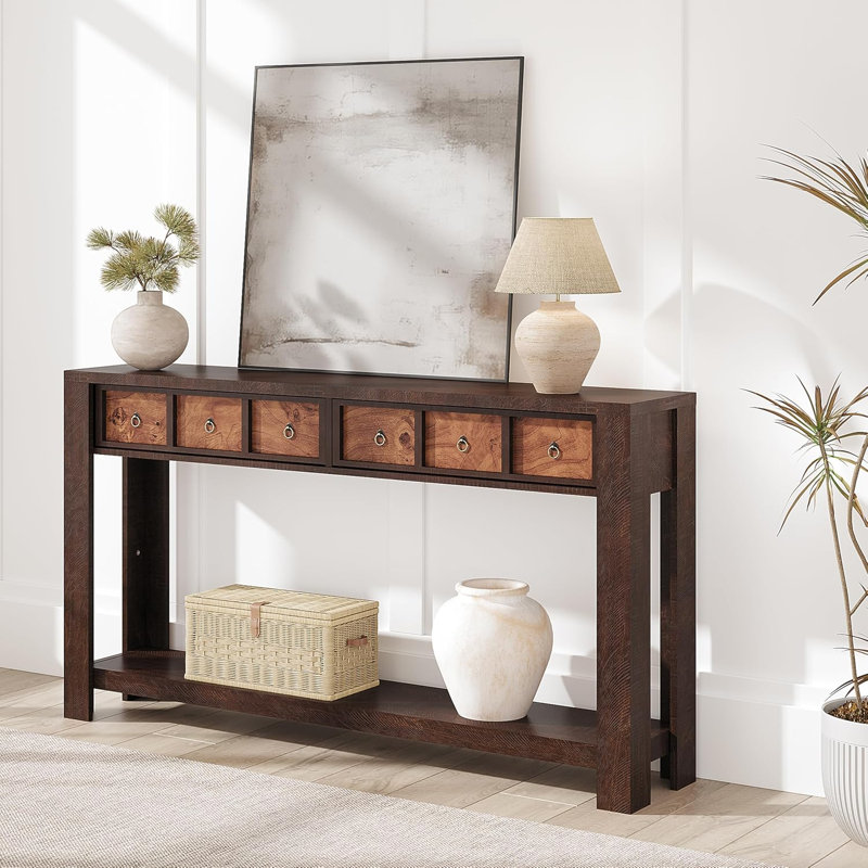 Console de 59 po de long, table d'entrée en bois avec 2 tiroirs et tablette de rangement ouverte, table de canapé derrière le canapé