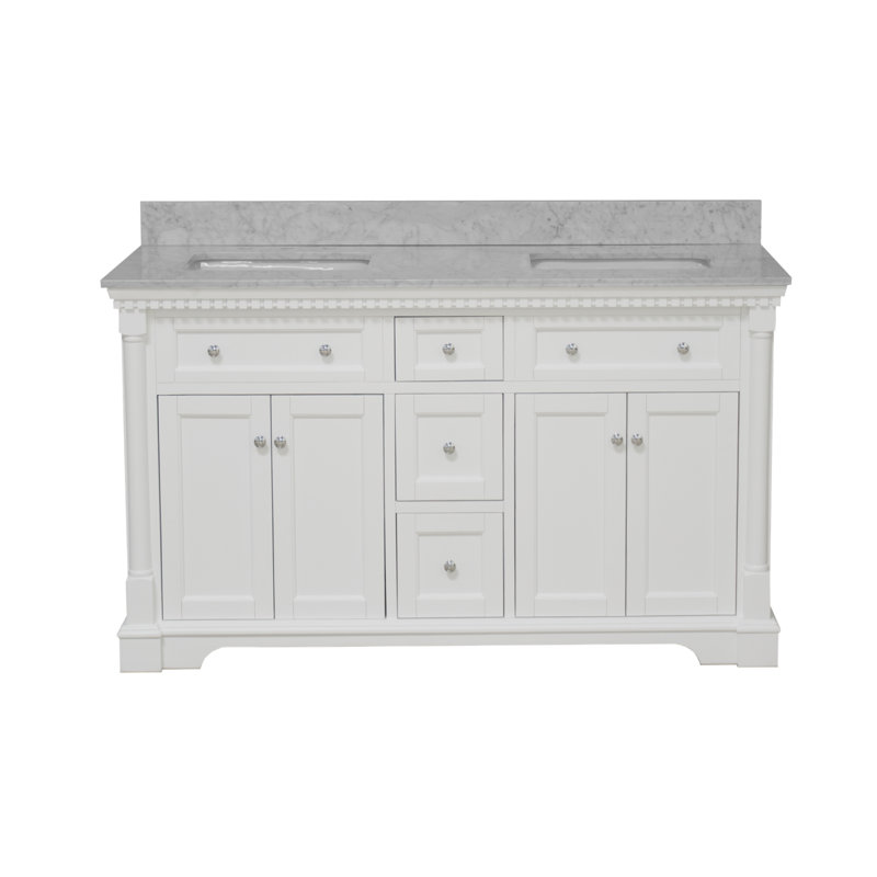 Ensemble de meuble-lavabo double 60 po avec armoire blanche et comptoir en marbre de Carrare, Blanc, Marbre de Carrare