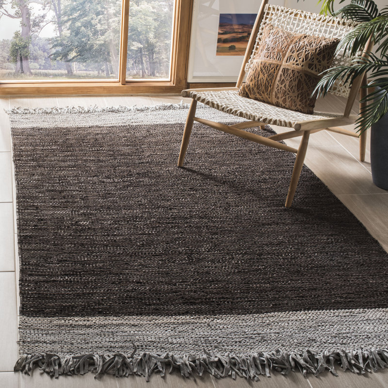 Exley Hand Woven Leather/Cotton Solid Color Rug in Grey/Dark Brown, Rectangle 5' x 8'