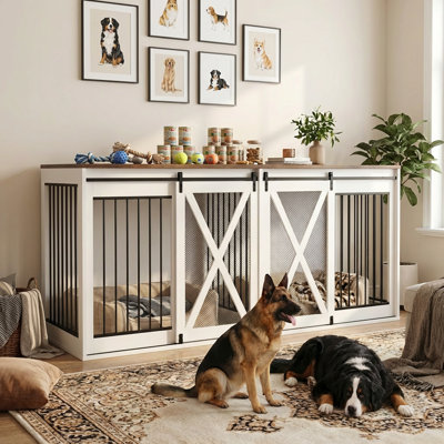 94.5" XXXL Dog Crate Furniture for 2 Large Dogs, 35.4" Tall Thick Wooden Dog Kennel TV Stand with Divider, White