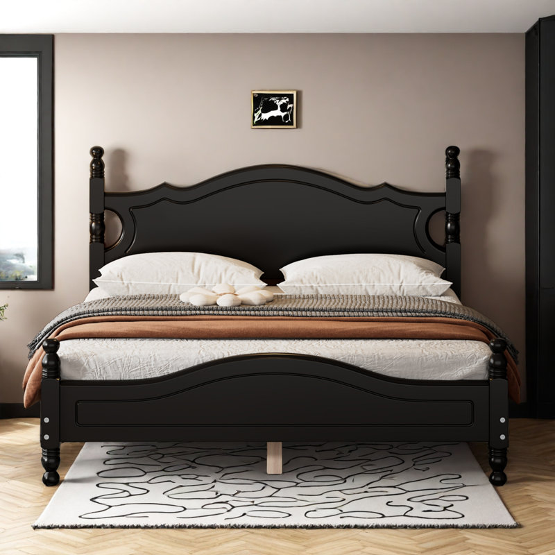 Lit plateforme moderne en bois massif rustique avec support de lattes durable, Noir, Grand lit
