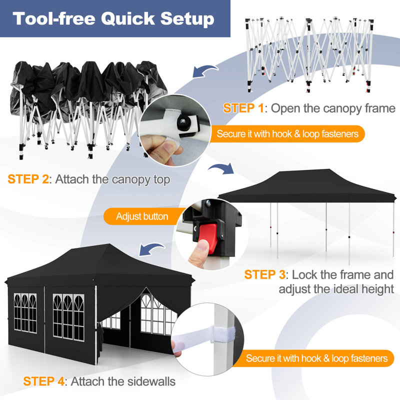 10 X 20ft Pop Up Canopy Outdoor Canopy Tent With 6 Sidewalls Carrying Bag, Black