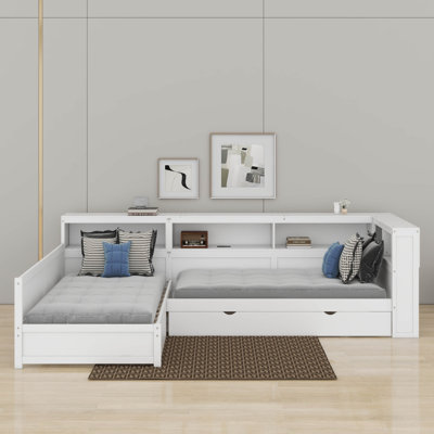Wood Twin Size L-Shaped Platform Bed With Trundle And Drawer