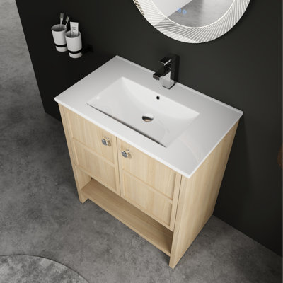 Meuble-lavabo en céramique 30 po, contreplaqué de chêne, 2 portes à fermeture douce - armoire autoportante facile à assembler avec lavabo, 30 po, espace de rangement généreux