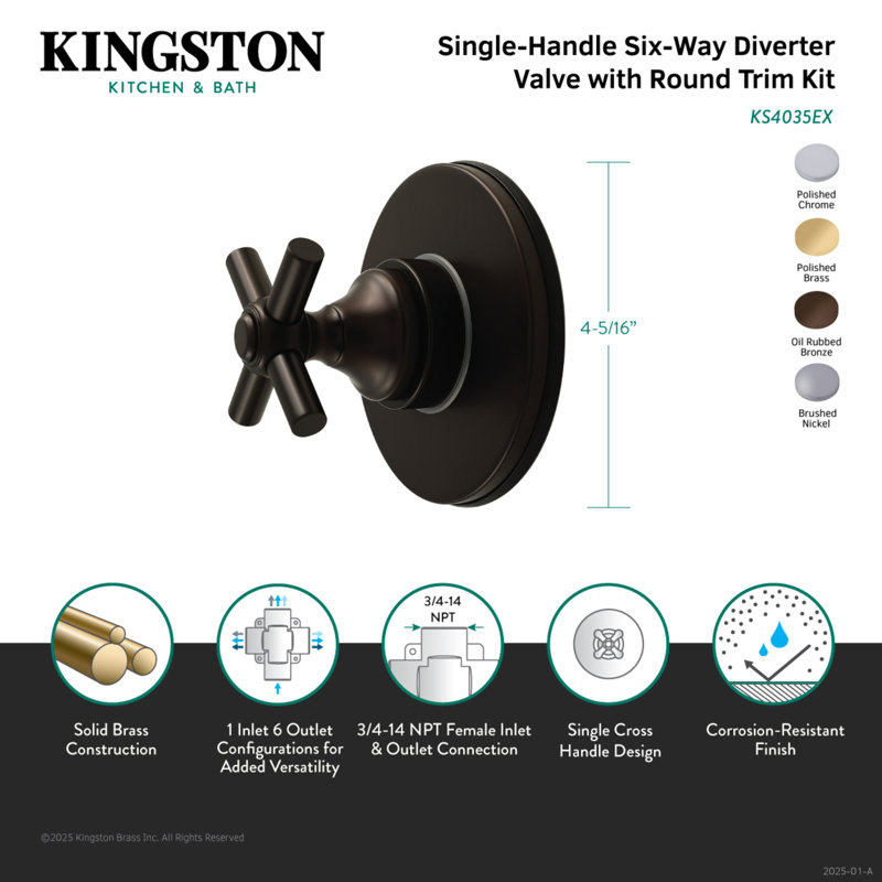Kingston Brass Elinvar Single-Handle Six-Way Diverter Valve With Trim Kit, Polished Chrome