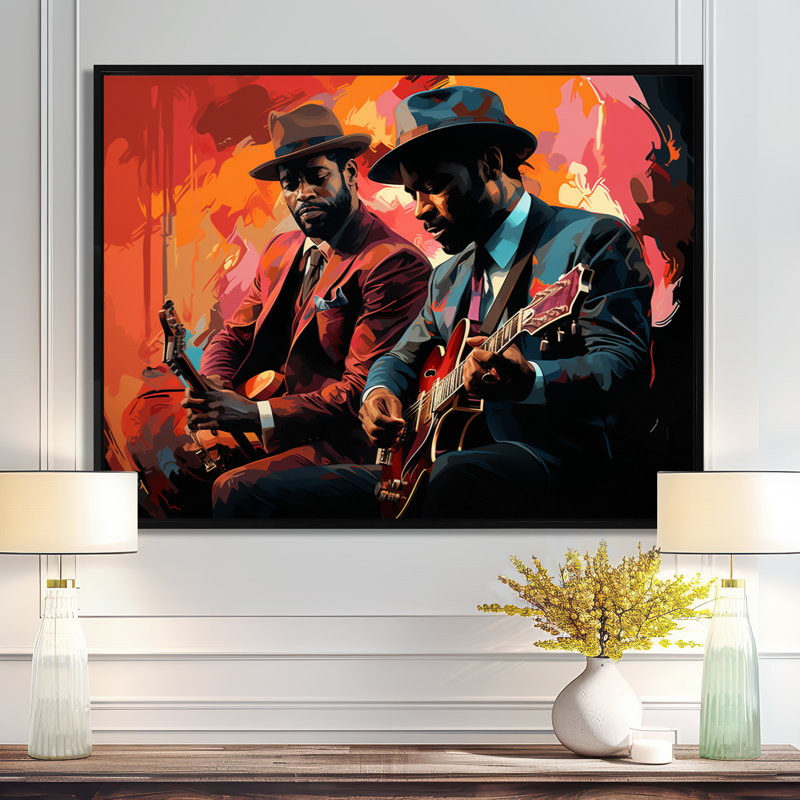 «Pink Jazz Duo», musique rétro, H 12 po x l 20 po x P 1 po, Toile avec cadre flottant noir