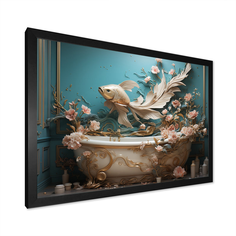 Art déco de salle de bain II - Art mural de salle de bain, H 30 po x l 40 po x P 1,5 po, Cadre simple noir