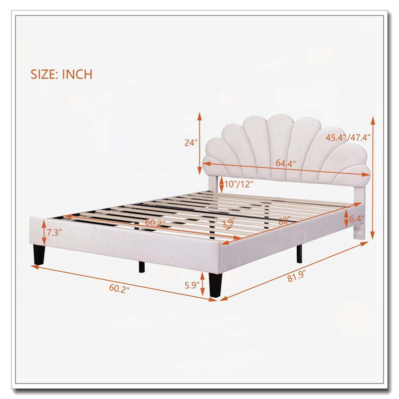 Lit plateforme tapissier avec tête de lit en velours à motif floral, Beige, Grand lit