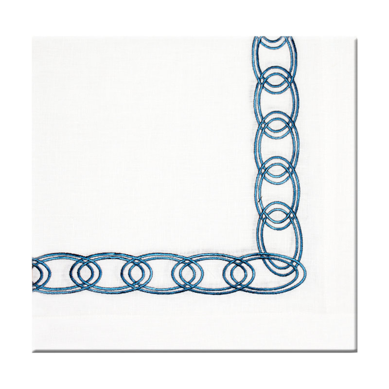 Chain Embroidered Linen Napkin, White/Blue