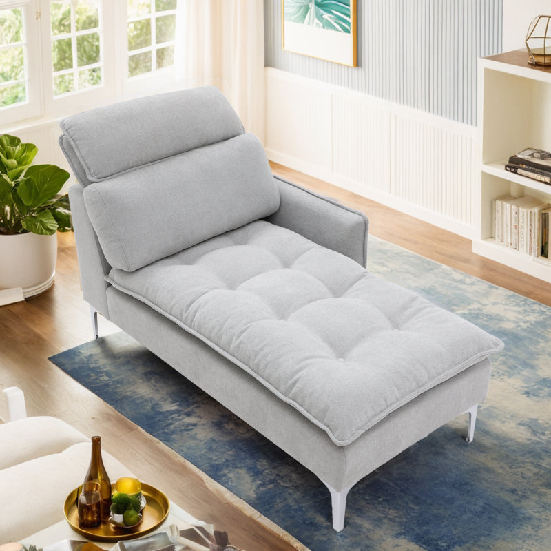 Chaise longue rembourrée Meshawn avec appui-tête réglable, Lin gris pâle