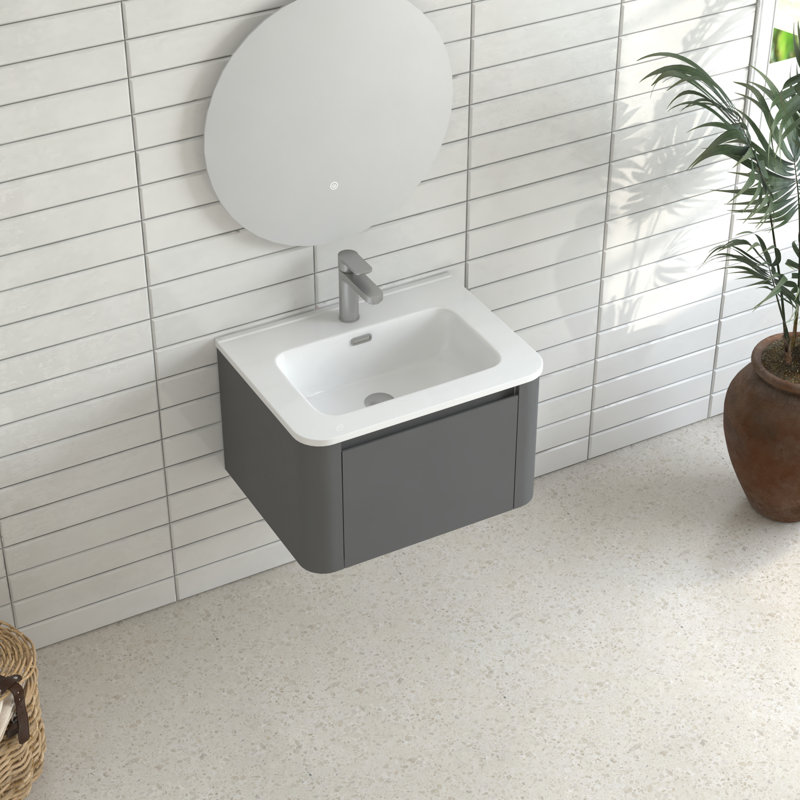 Meuble-lavabo mural de 24 po gris, lavabo intégré en céramique blanche, 45 poignées en angle, tiroir à fermeture en douceur, imperméable, rangement spacieux, style pour la salle de bain, contreplaqué facile à installer, tiroir